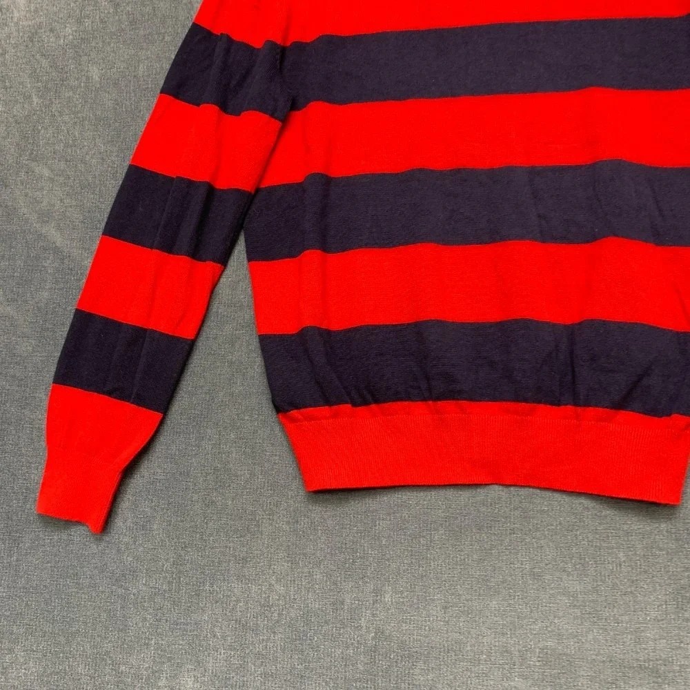 Tommy Hilfiger Sweater Mens Small Navy Blue Red Striped Cotton Tight Knit Winter